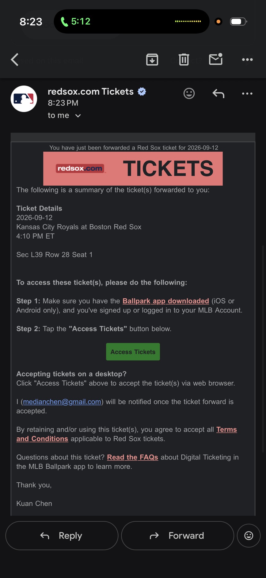 Access Tickets email button