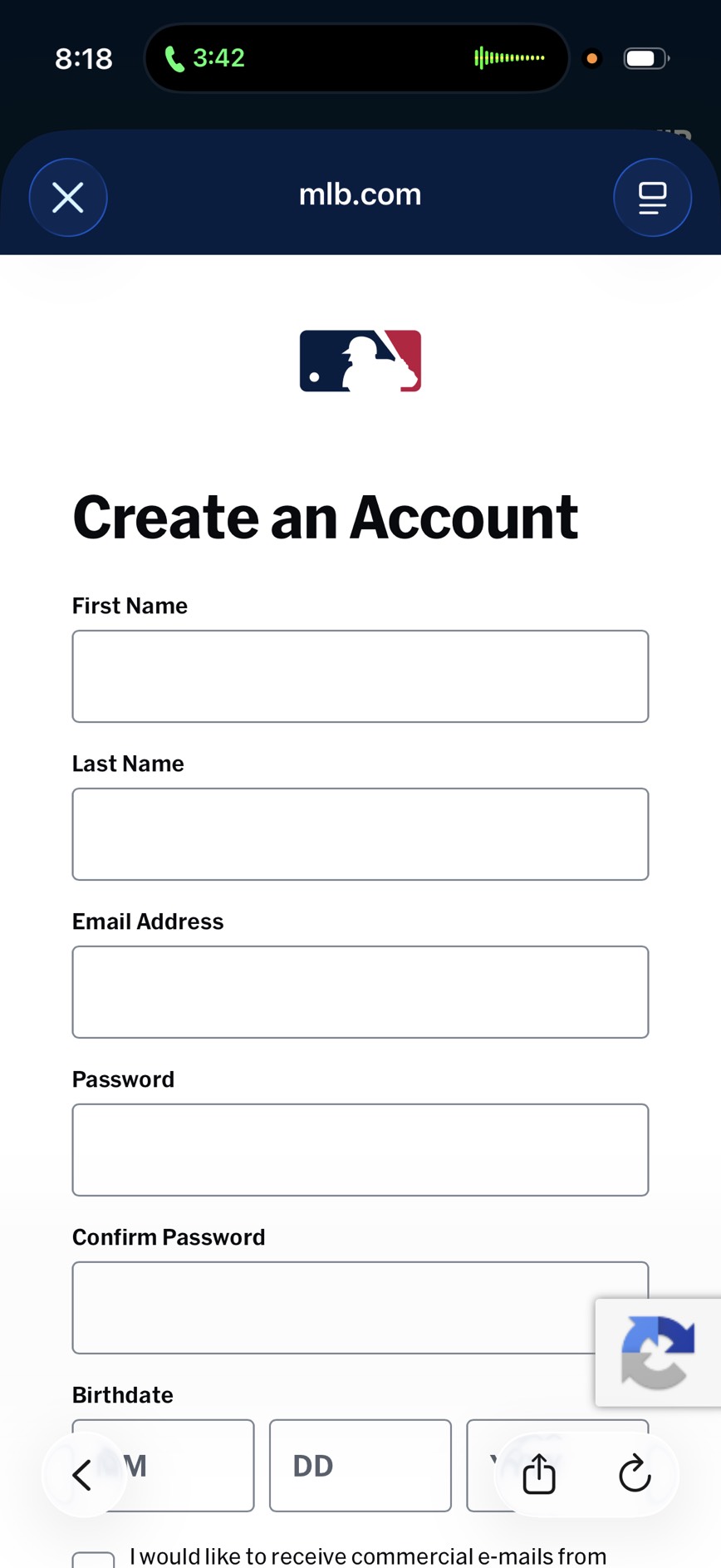 Create an Account screen