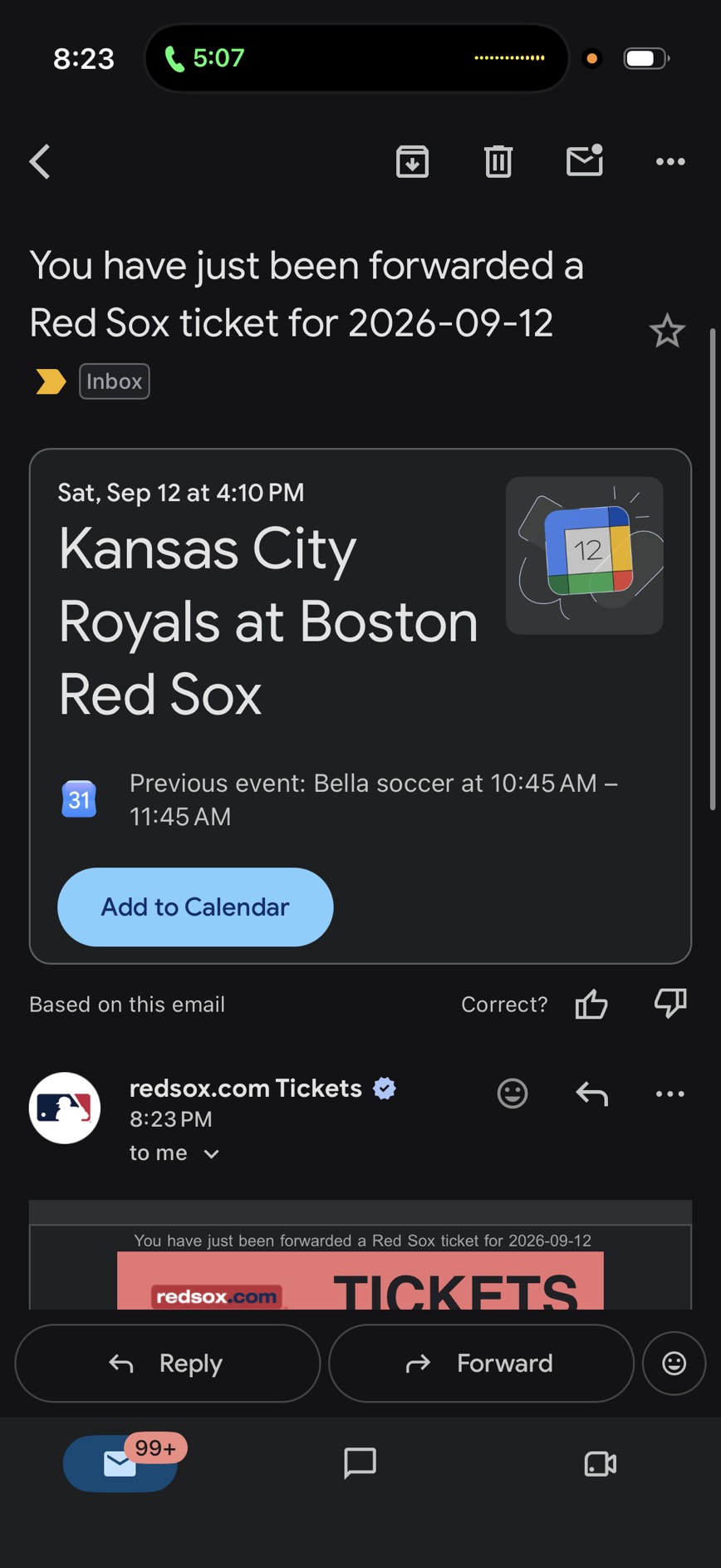 Forwarded ticket email